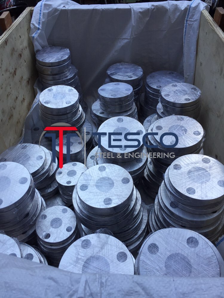 Duplex steel blind flanges bulk-stacked in sea-worthy wooden export crate — ASTM A182 F51 F60, Tesco Steel & Engineering India