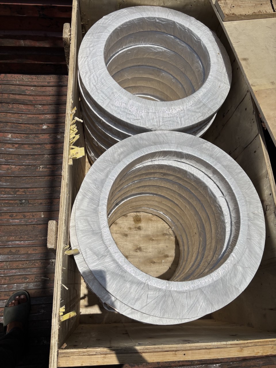 Large diameter duplex steel weld neck flanges plastic-wrapped in wooden export box — ASTM A182 F51 F53 F60, Tesco Steel & Engineering India