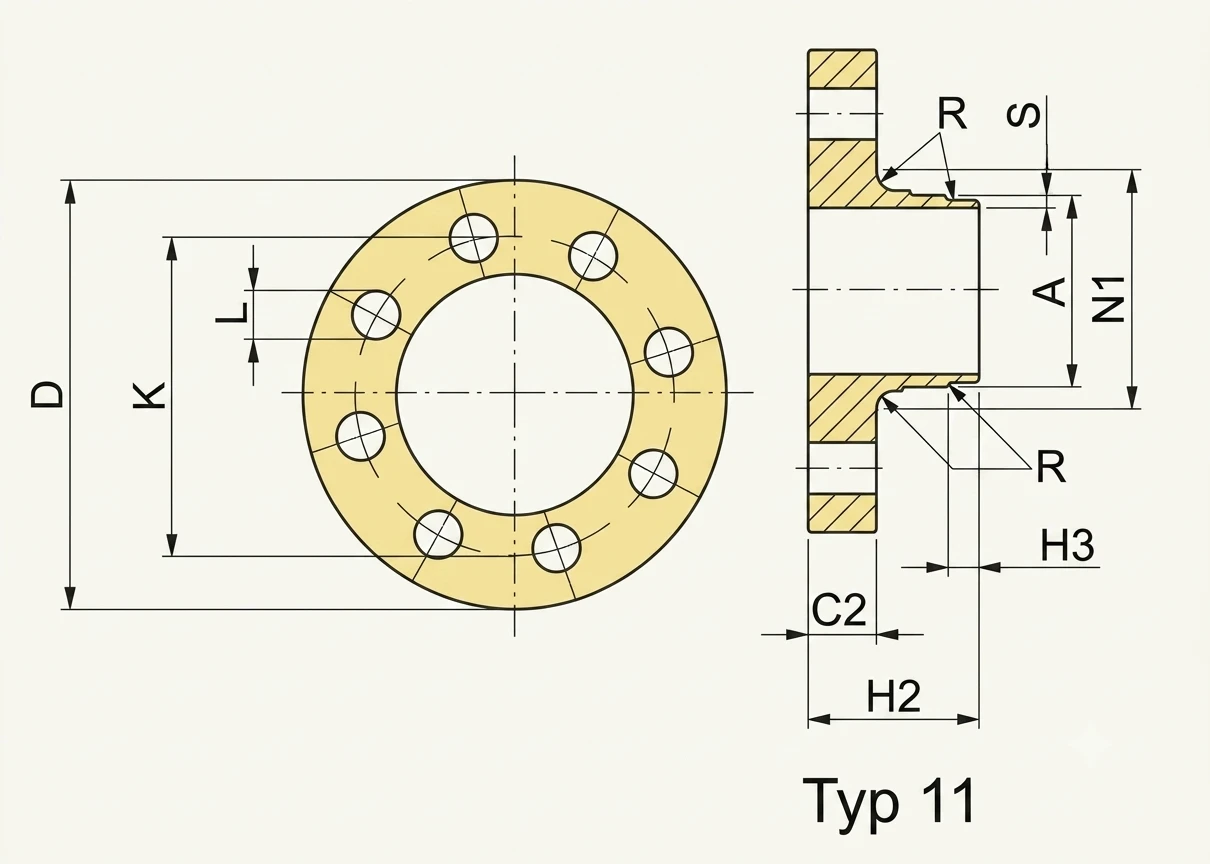 Cross-section drawing of an EN 1092-1 Type 11 PN 100 weld neck flange — outside diameter D, bolt circle K, bolt hole L, thickness C2, hub length H2, neck diameter N1