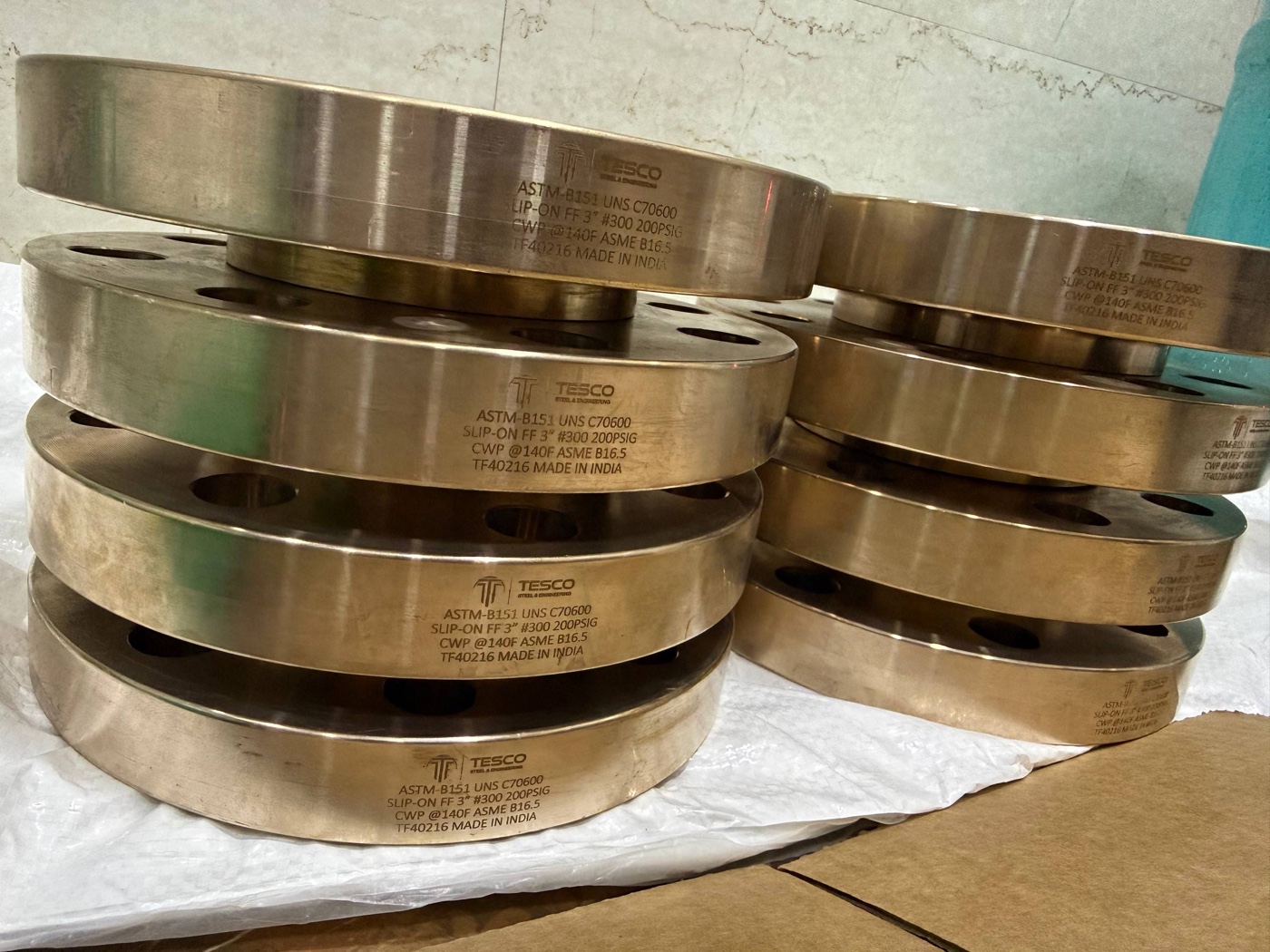 Tesco FFSO flat face slip on flanges ASTM B151 UNS C70600 3 inch Class 300 ASME B16.5, laser-marked, made in India