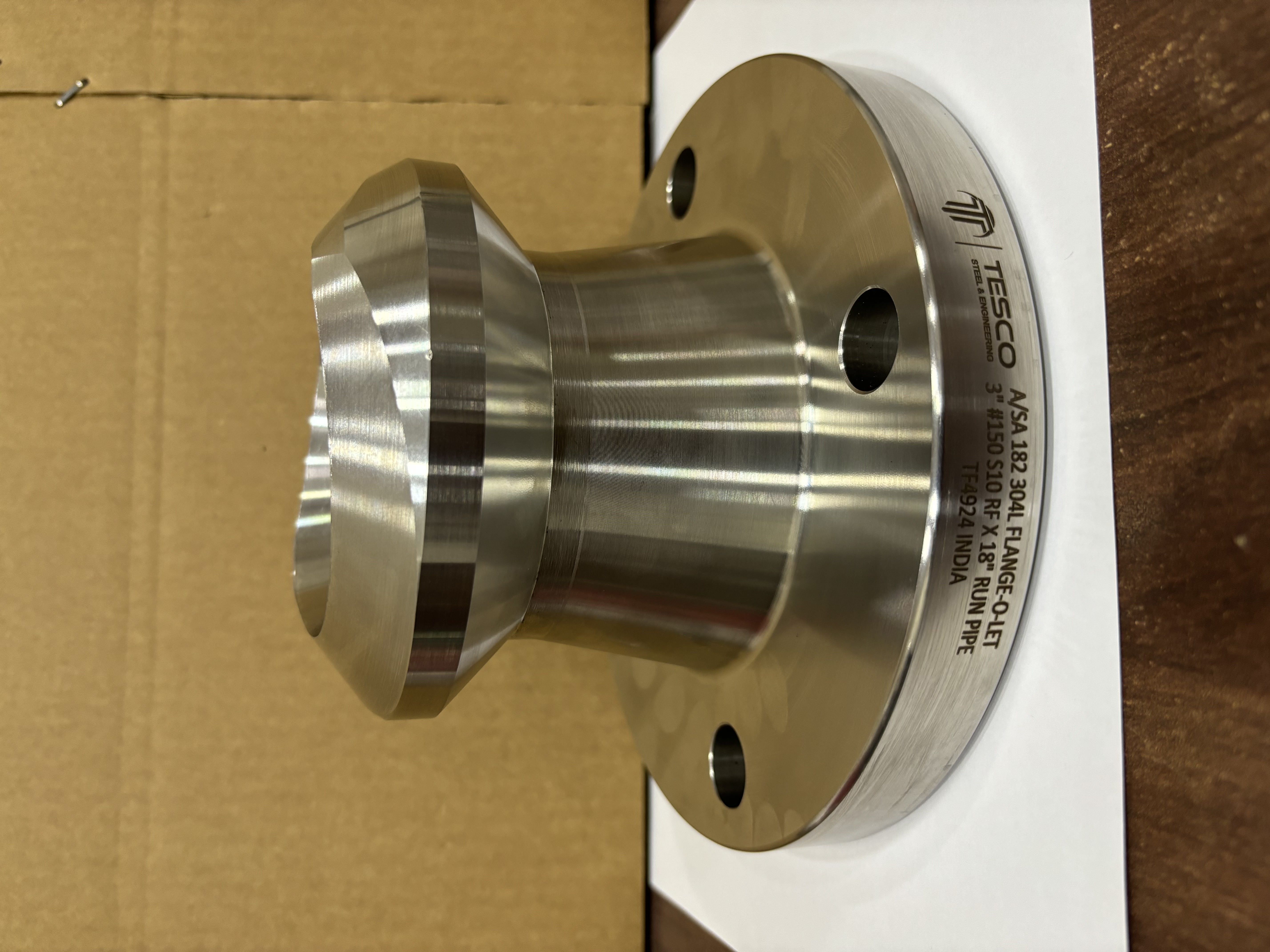 ASTM A182 304L flangeolet 3 inch Class 150 raised face Sch 10 for 18 inch run pipe — Tesco Steel & Engineering laser-marked nipoflange branch outlet