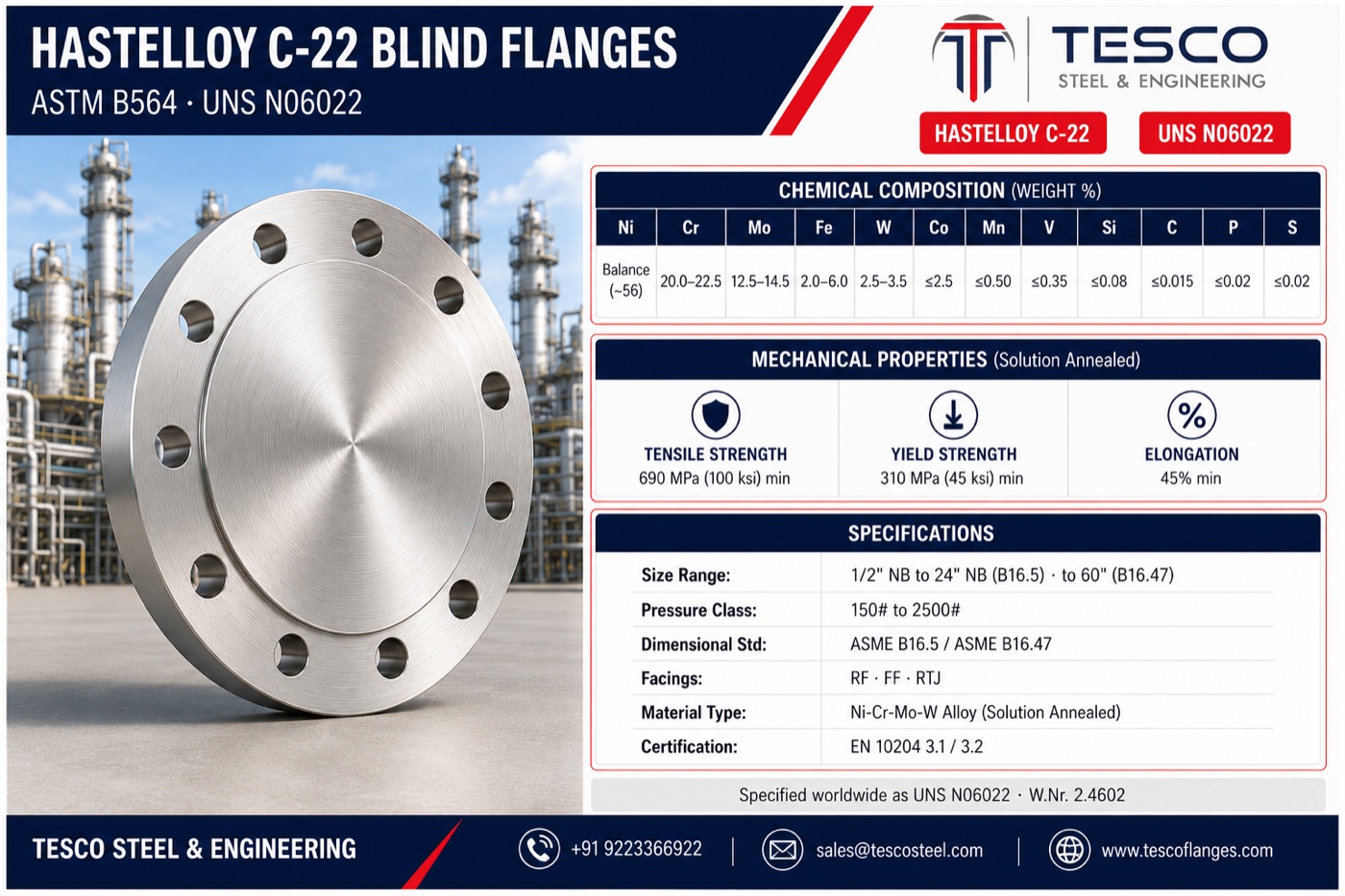 Hastelloy C-22 blind flange specifications infographic — UNS N06022 chemistry with chromium promoted above molybdenum, solution-annealed mechanical properties, ASME B16.5 sizes