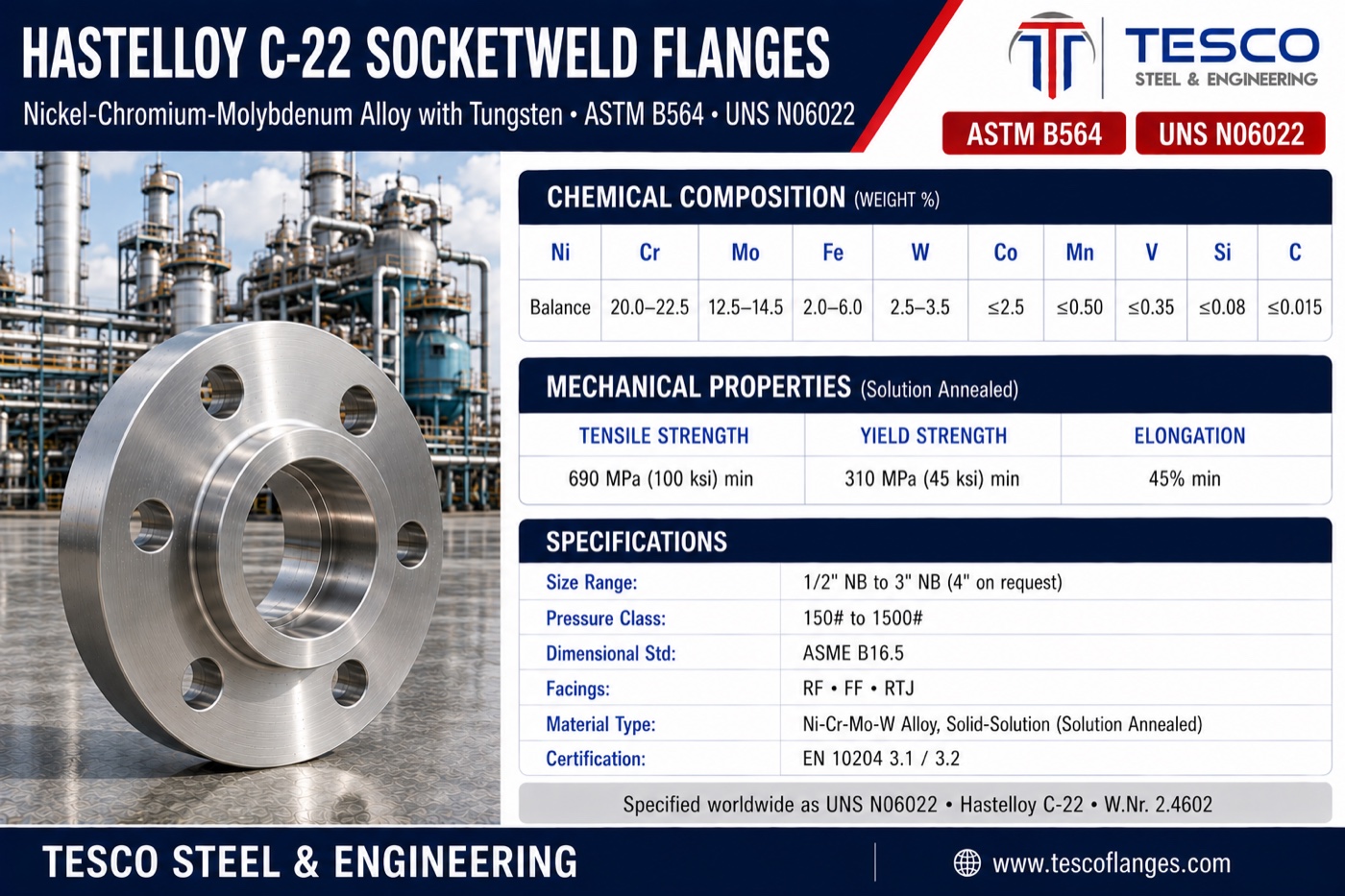 Hastelloy C-22 socket weld flange specifications infographic — ASTM B564 N06022 nickel-chromium-molybdenum-tungsten chemistry, 690/310 MPa mechanical properties, ASME B16.5 socket weld sizes