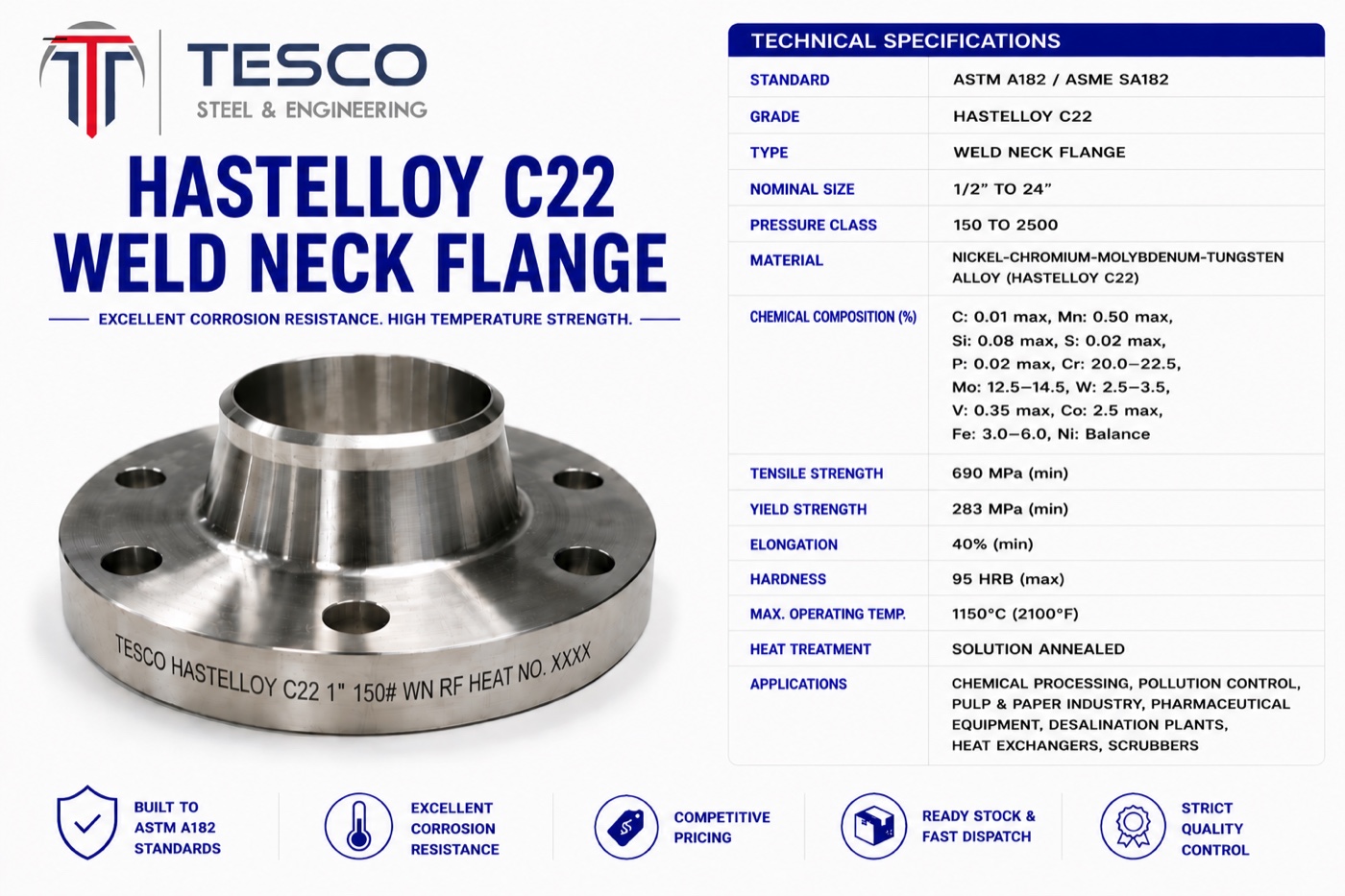 Hastelloy C22 UNS N06022 weld neck flange with technical specifications — Tesco Steel & Engineering