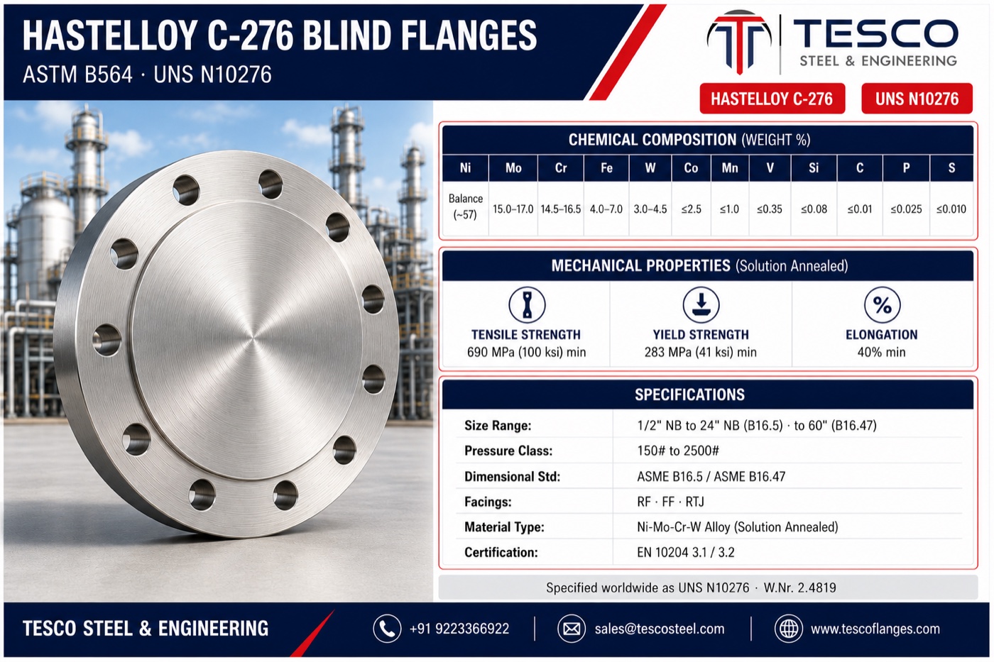 Hastelloy C-276 blind flange specifications infographic — UNS N10276 chemistry with molybdenum above chromium, solution-annealed mechanical properties, ASME B16.5 sizes