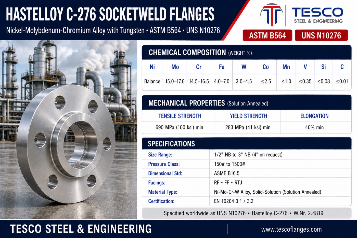 Hastelloy C-276 socket weld flange specifications infographic — ASTM B564 N10276 nickel-molybdenum-chromium-tungsten chemistry, 690/283 MPa mechanical properties, ASME B16.5 socket weld sizes