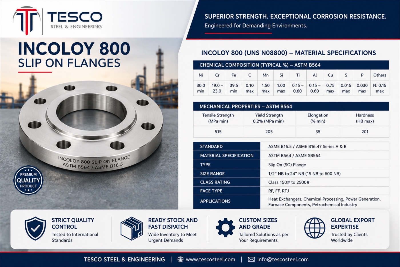 Incoloy 800 UNS N08800 slip on flange with ASTM B564 material specifications, chemical composition and mechanical properties — Tesco Steel & Engineering India