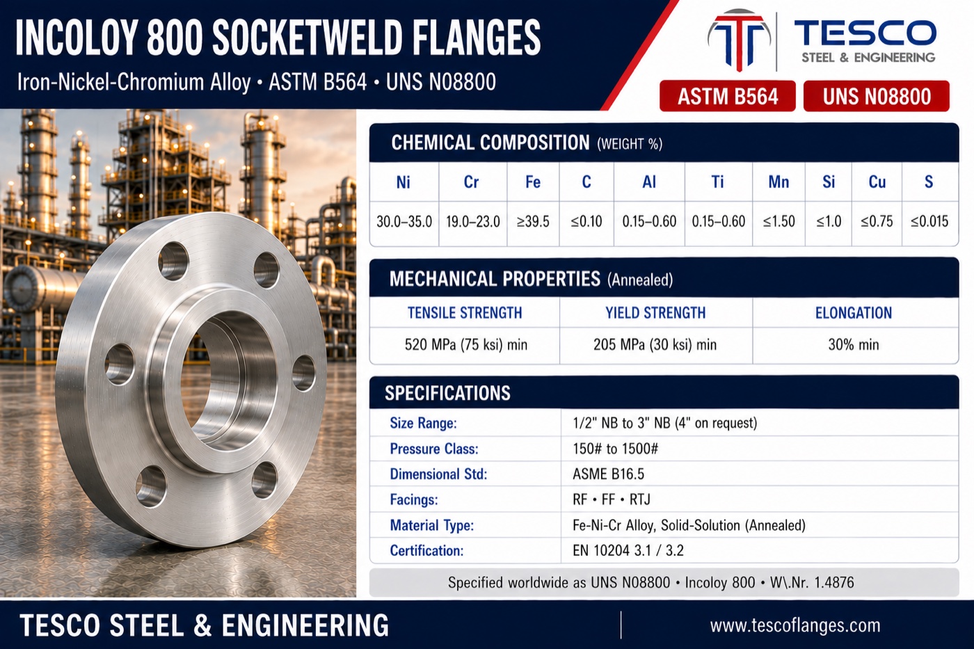 Incoloy 800 socket weld flange specifications infographic — ASTM B564 N08800 iron-nickel-chromium chemistry, 520/205 MPa mechanical properties, ASME B16.5 socket weld sizes