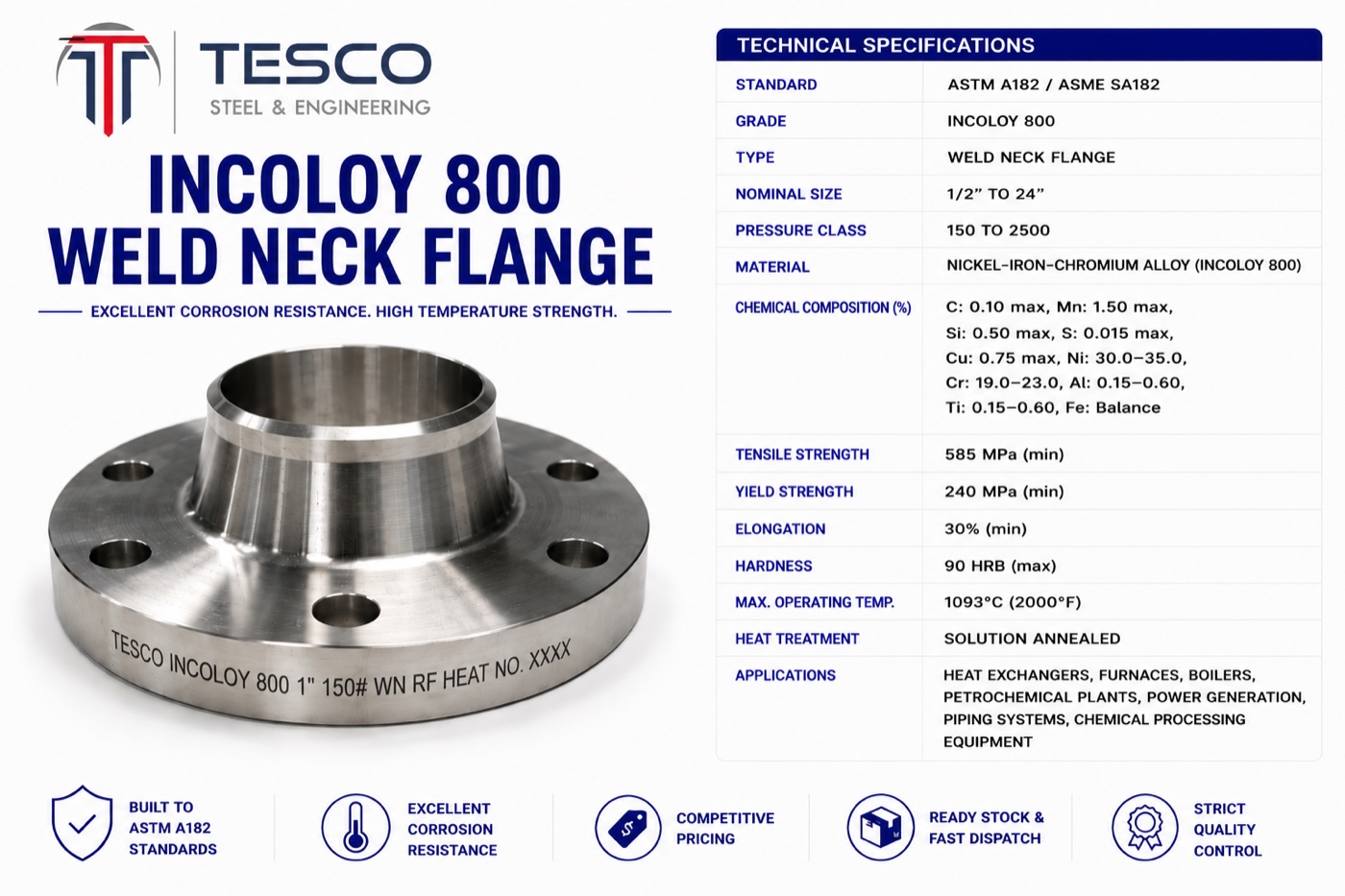 Incoloy 800 UNS N08800 weld neck flange with technical specifications — Tesco Steel & Engineering