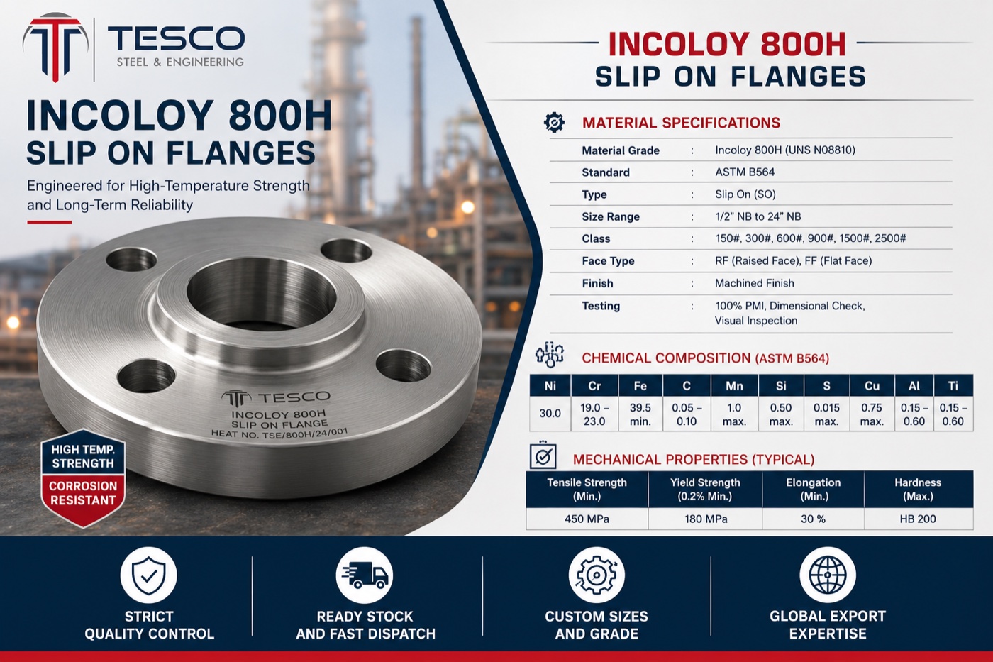 Incoloy 800H UNS N08810 slip on flange with material specifications, chemical composition and mechanical properties — Tesco Steel & Engineering India