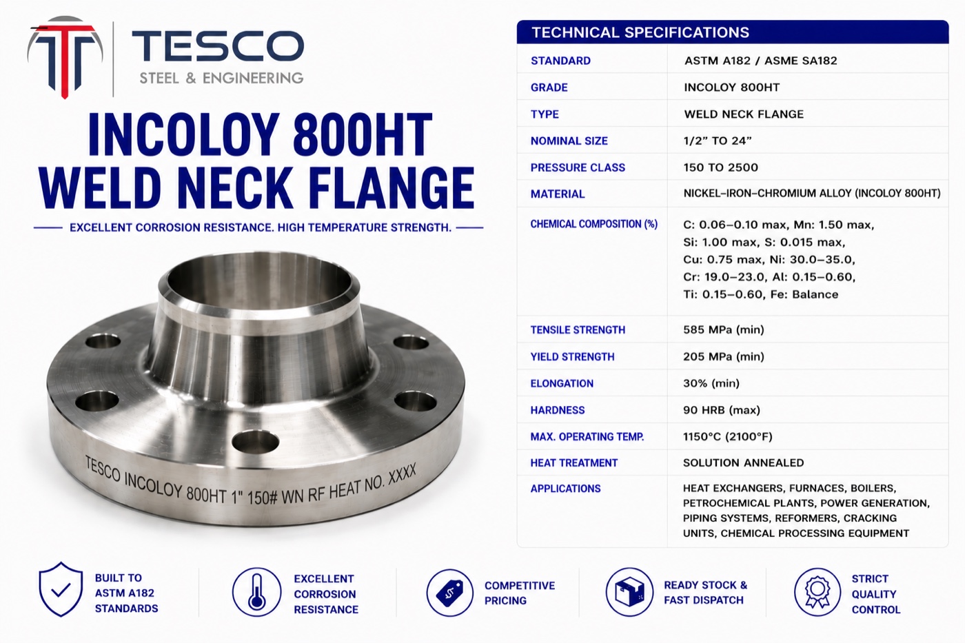 Incoloy 800HT UNS N08811 weld neck flange with technical specifications — Tesco Steel & Engineering