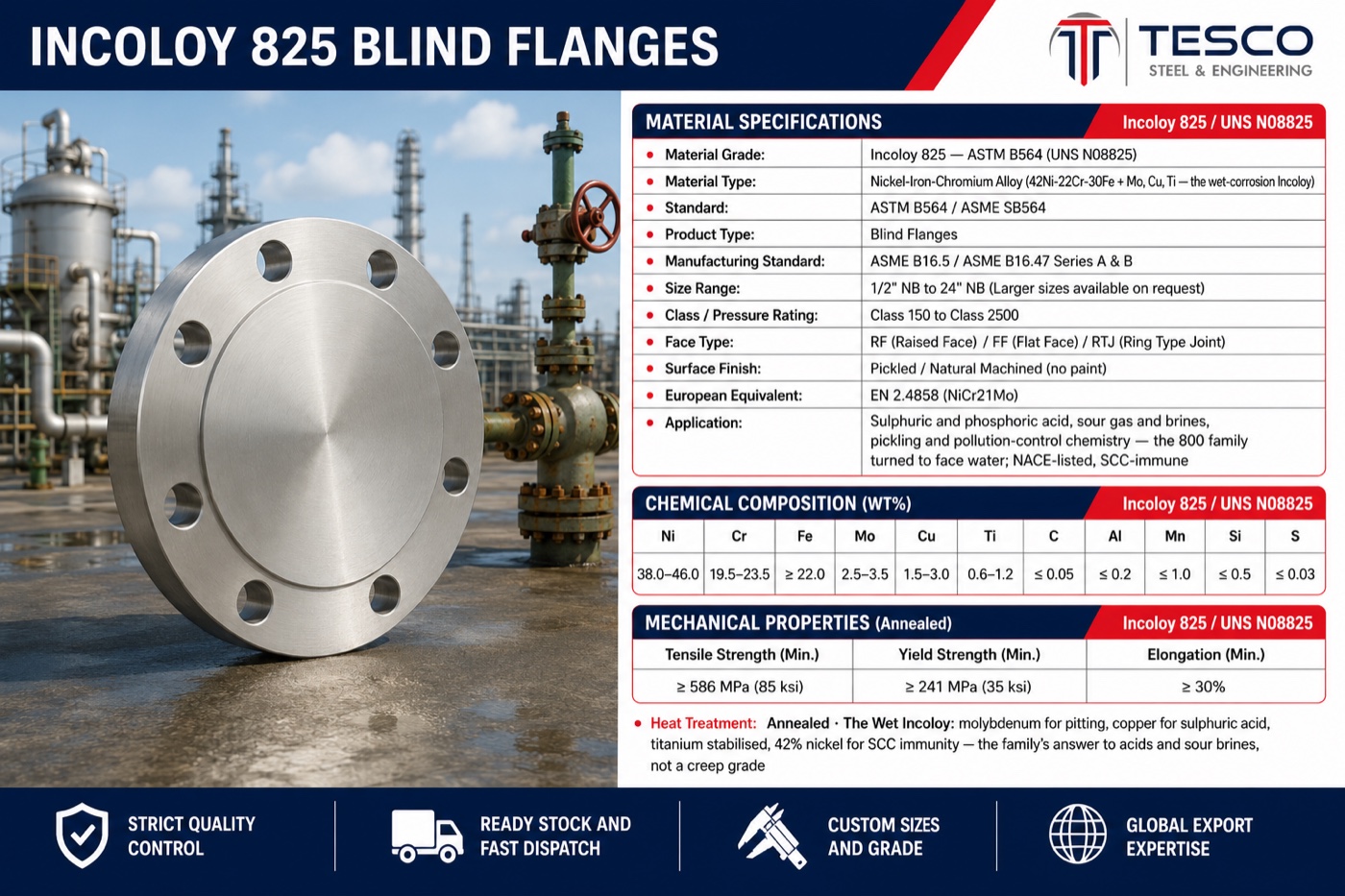 Incoloy 825 blind flange specifications infographic — UNS N08825 chemistry with molybdenum, copper and titanium, mechanical properties, ASME B16.5 sizes