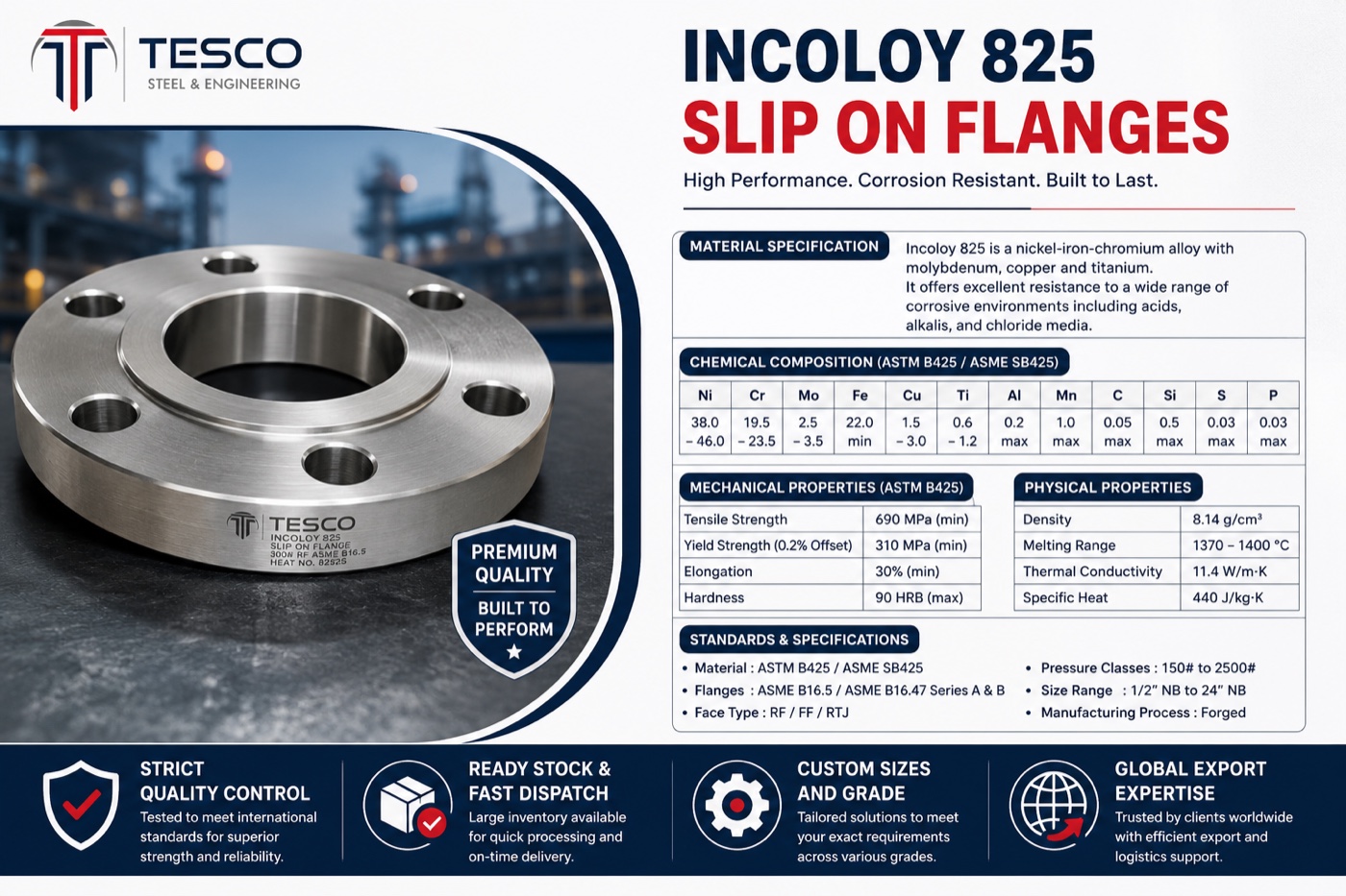 Incoloy 825 UNS N08825 slip on flange with material specifications, chemical composition and mechanical properties — Tesco Steel & Engineering India