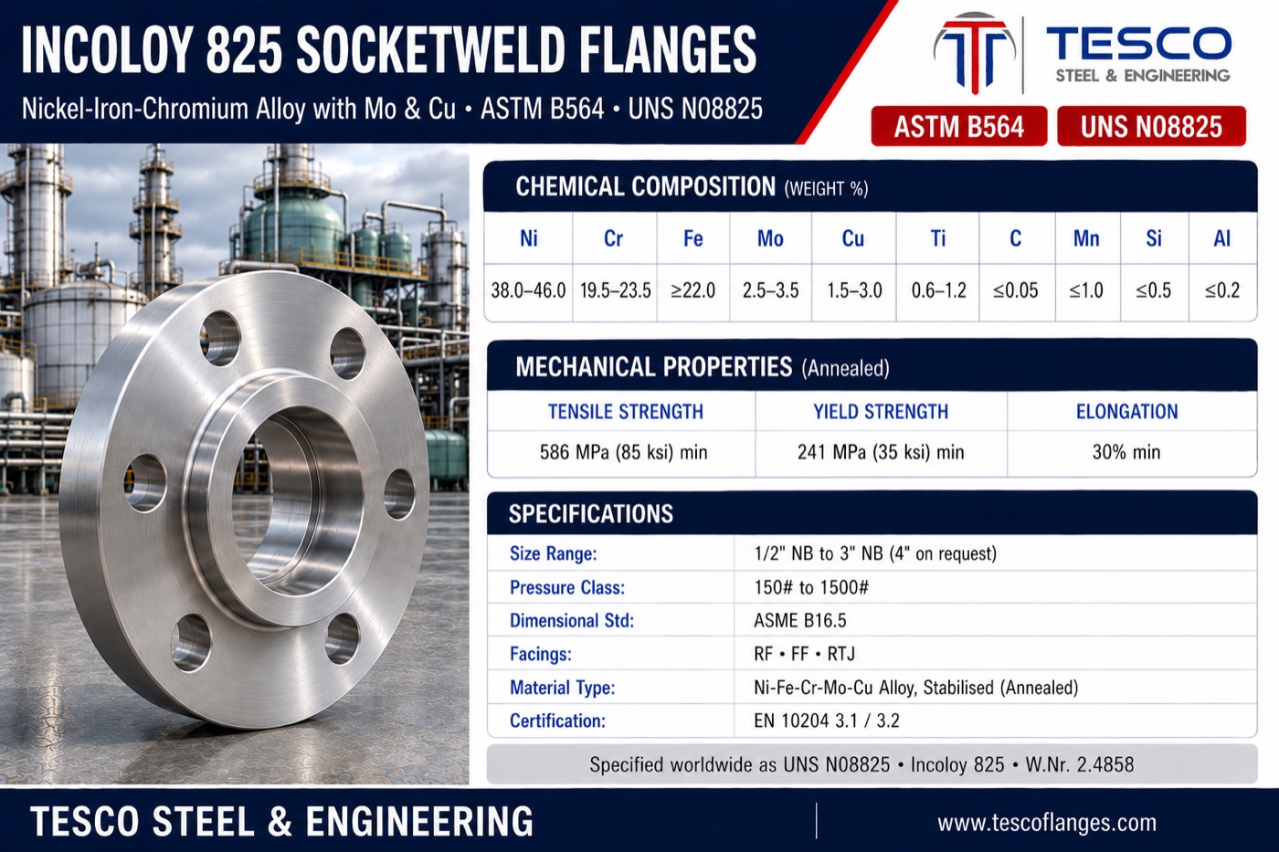 Incoloy 825 socket weld flange specifications infographic — ASTM B564 N08825 nickel-iron-chromium-molybdenum-copper chemistry, 586/241 MPa mechanical properties, ASME B16.5 socket weld sizes