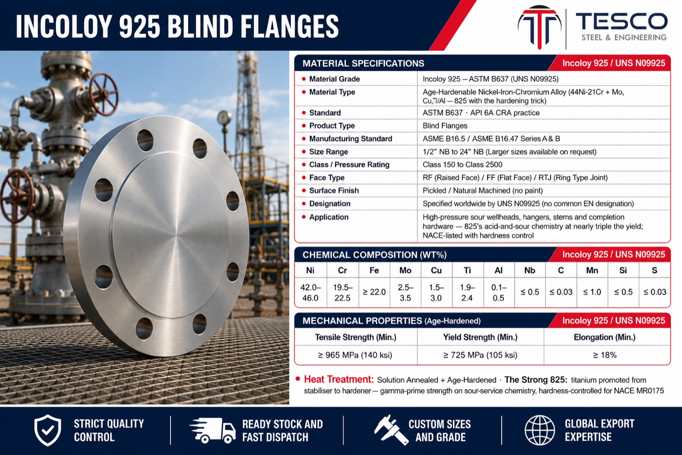 Incoloy 925 blind flange specifications infographic — UNS N09925 chemistry with titanium hardening, age-hardened mechanical properties, ASME B16.5 sizes