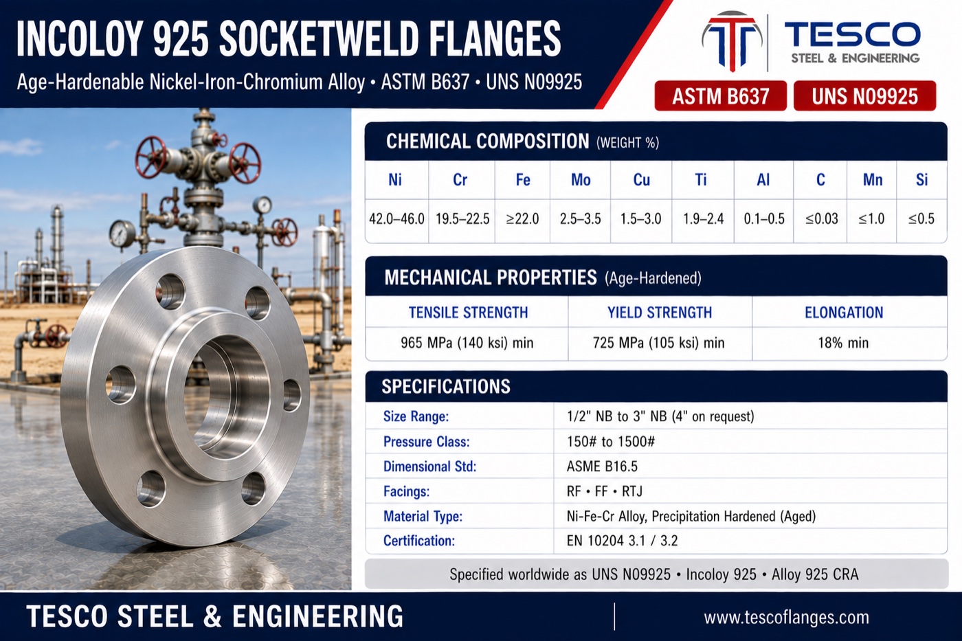 Incoloy 925 socket weld flange specifications infographic — ASTM B637 N09925 age-hardenable chemistry, 965/725 MPa mechanical properties, ASME B16.5 socket weld sizes