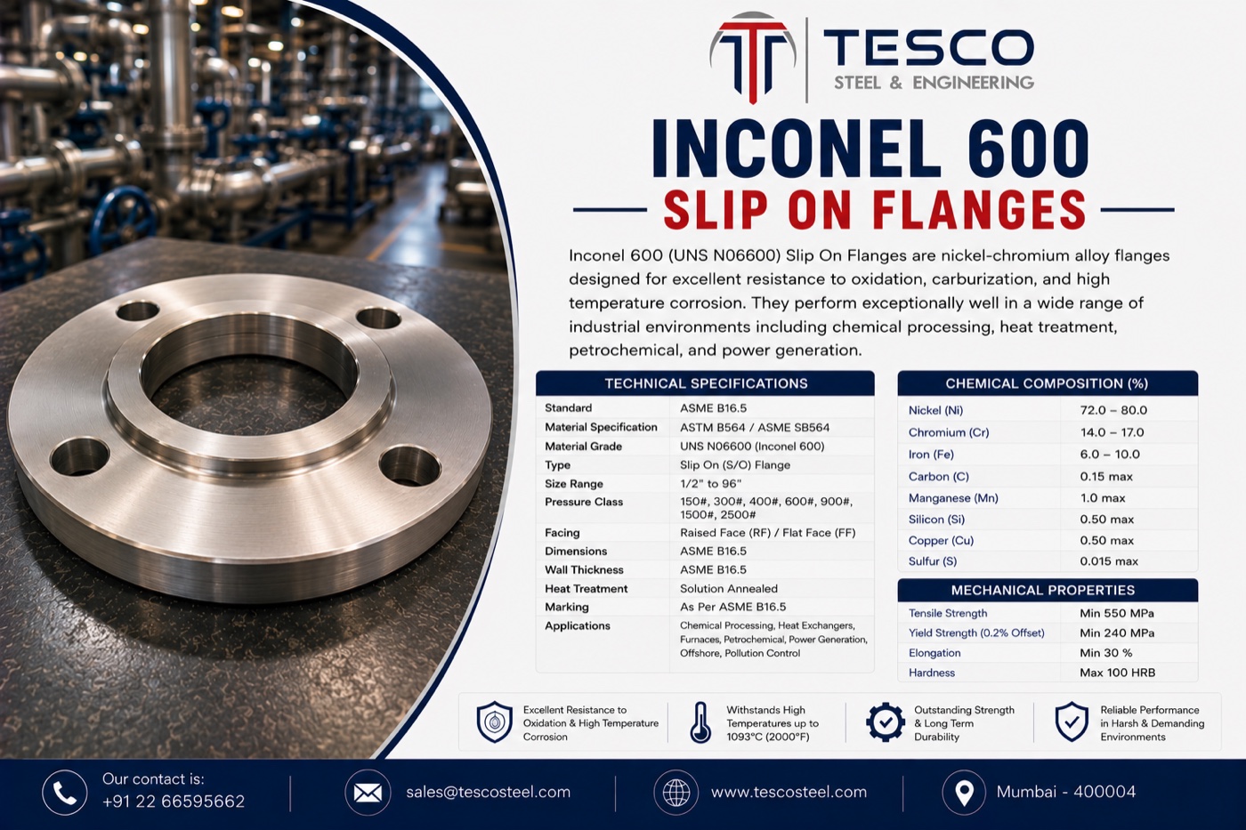 Inconel 600 UNS N06600 slip on flange with technical specifications, chemical composition and mechanical properties — Tesco Steel & Engineering India