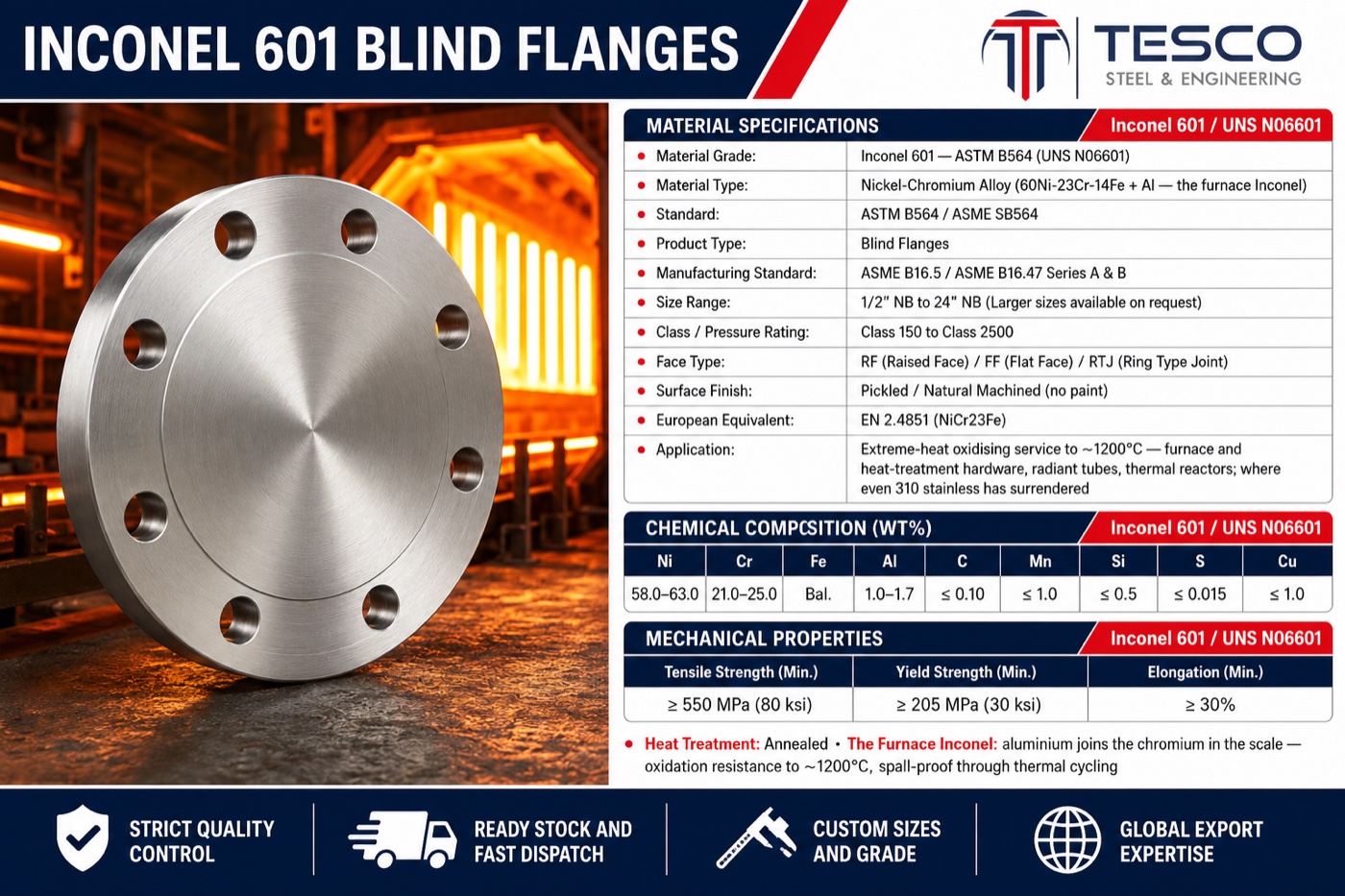 Inconel 601 blind flange specifications infographic — UNS N06601 nickel-chromium-aluminium chemistry, mechanical properties, ASME B16.5 sizes