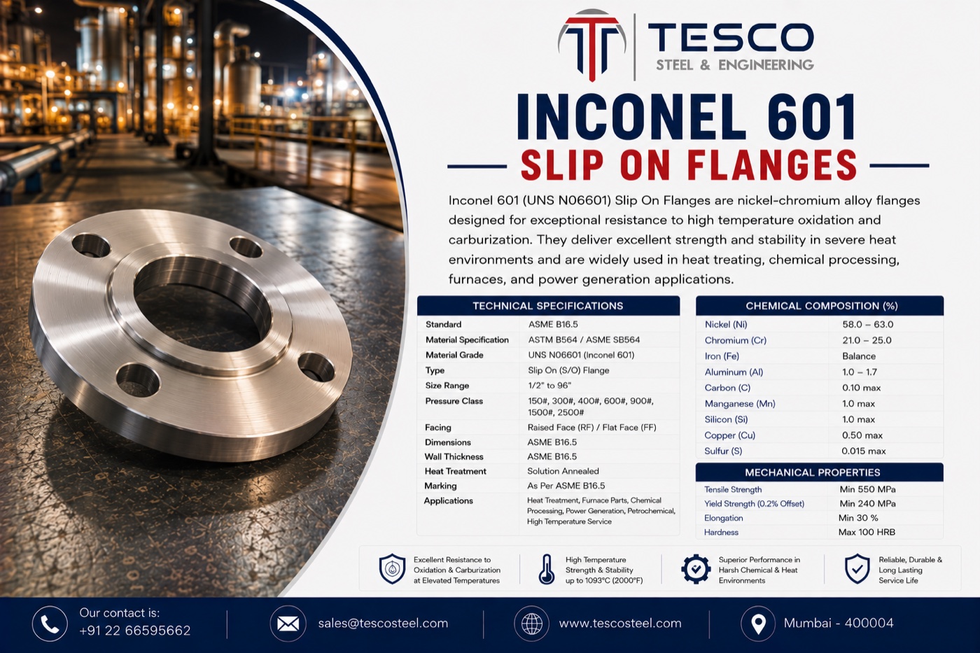Inconel 601 UNS N06601 slip on flange with technical specifications, chemical composition and mechanical properties — Tesco Steel & Engineering India