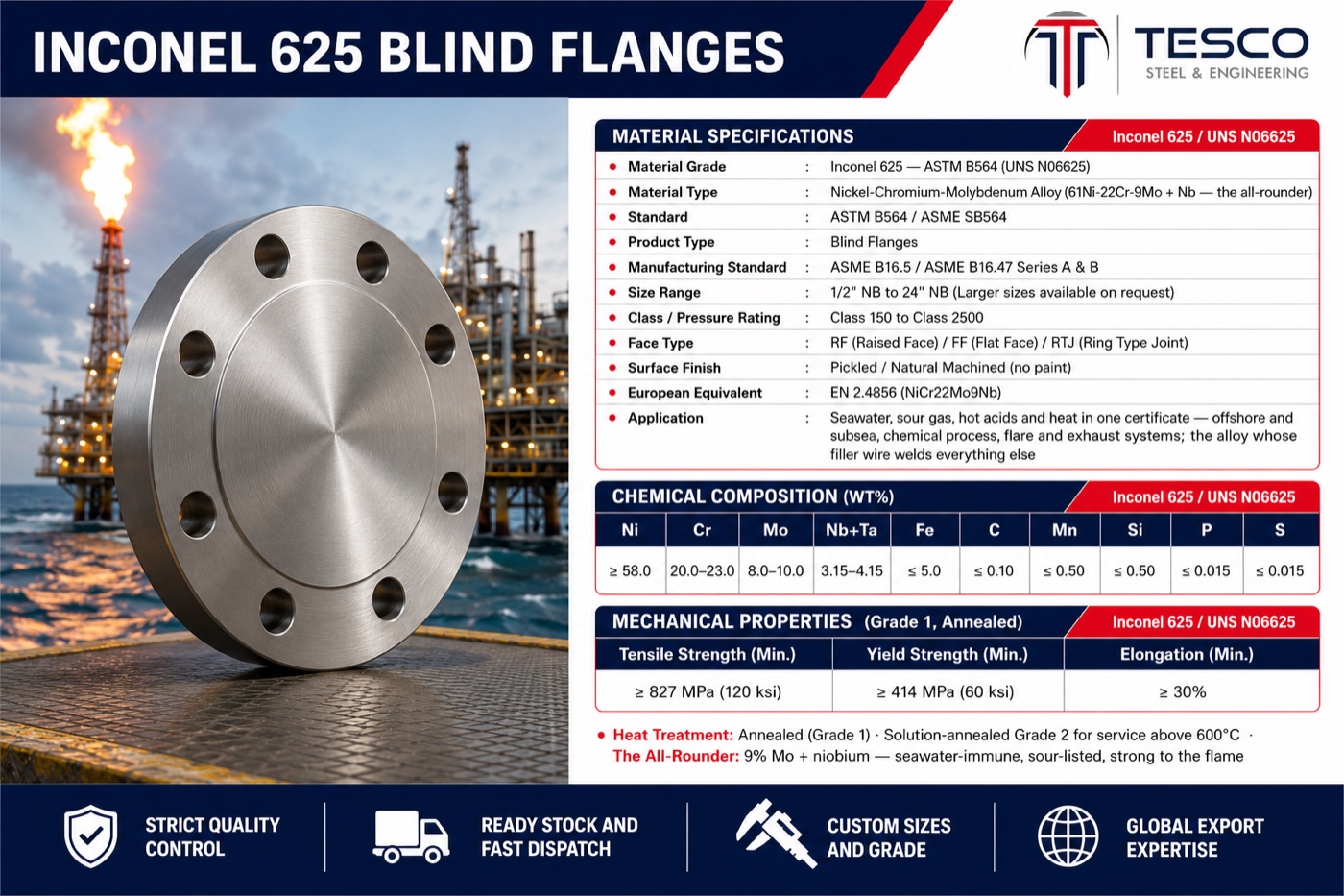 Inconel 625 blind flange specifications infographic — UNS N06625 nickel-chromium-molybdenum chemistry, mechanical properties, ASME B16.5 sizes