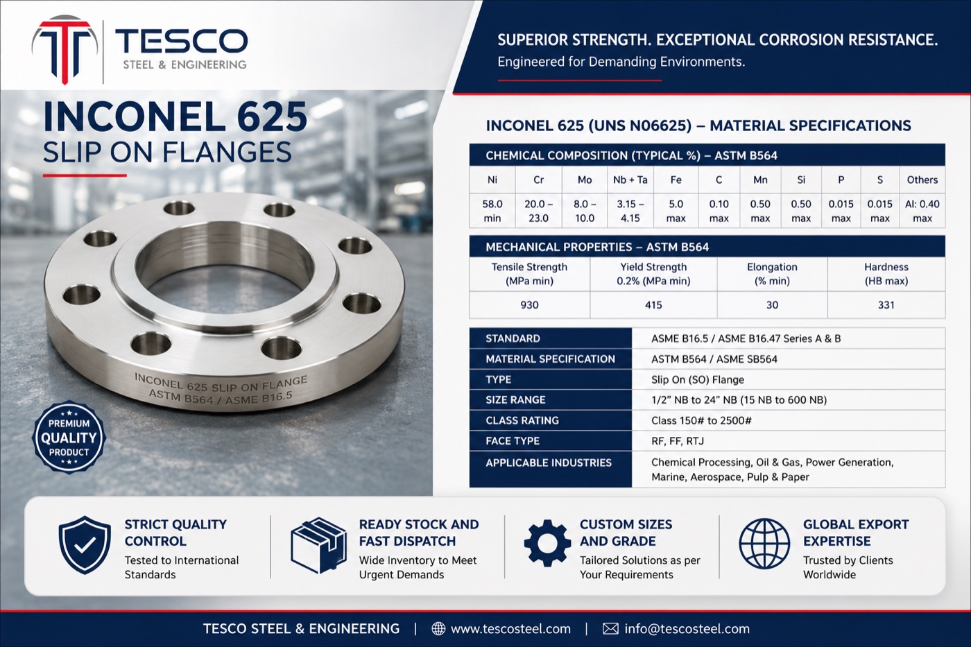 Inconel 625 UNS N06625 slip on flange with ASTM B564 material specifications, chemical composition and mechanical properties — Tesco Steel & Engineering India