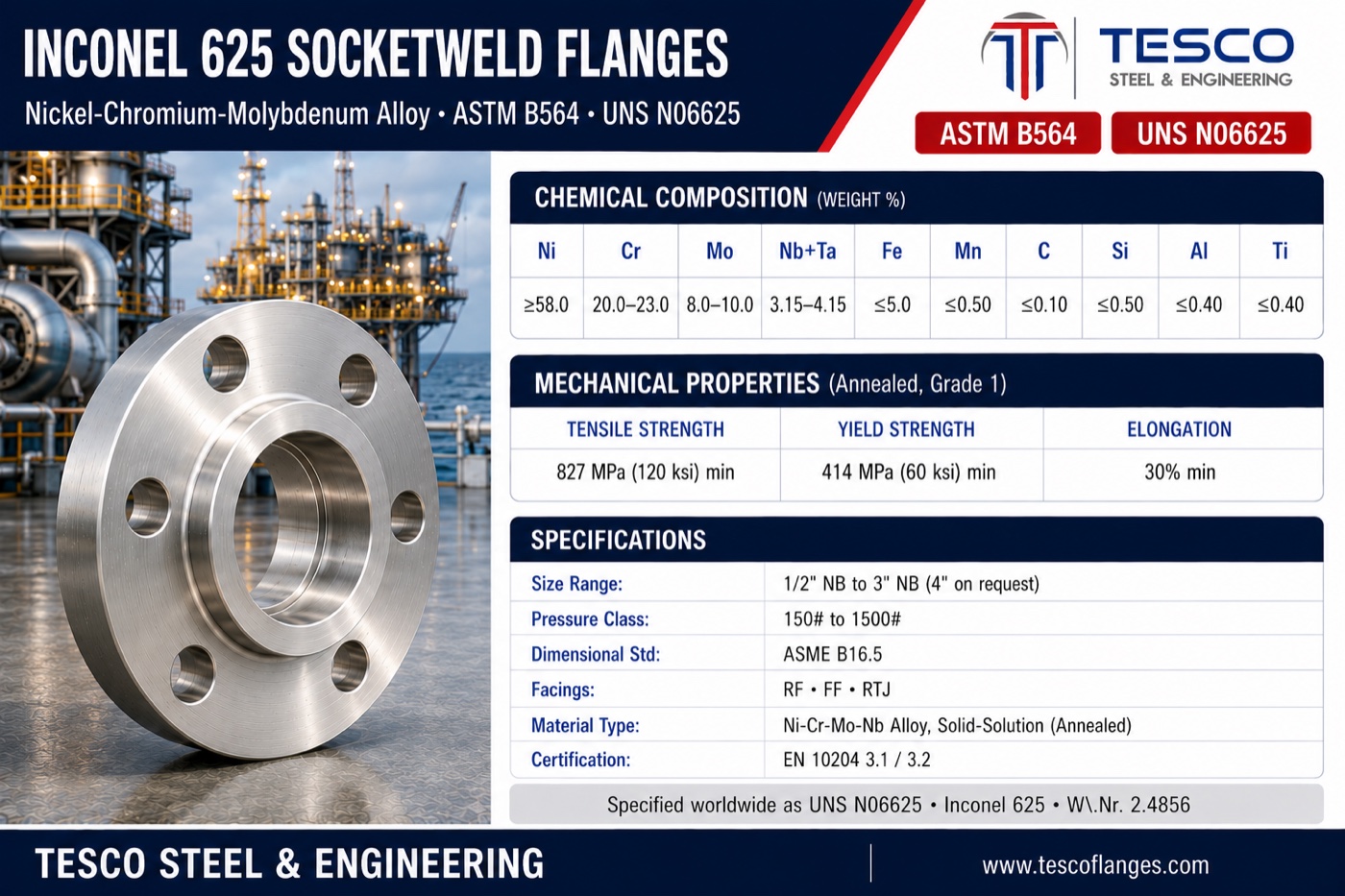 Inconel 625 socket weld flange specifications infographic — ASTM B564 N06625 nickel-chromium-molybdenum-niobium chemistry, 827/414 MPa mechanical properties, ASME B16.5 socket weld sizes