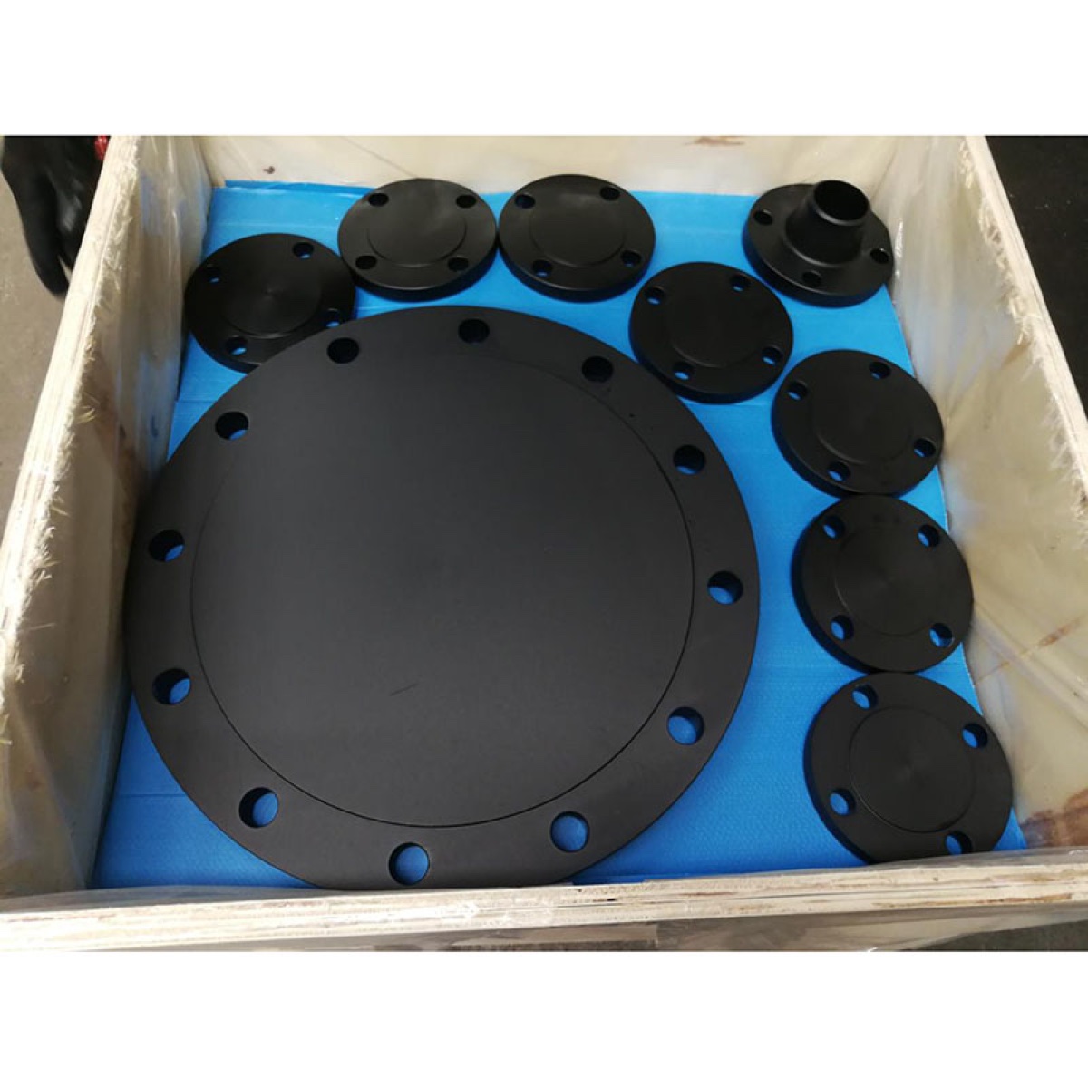 Machined 10 inch Class 150 raised face blind flange showing serrated gasket face