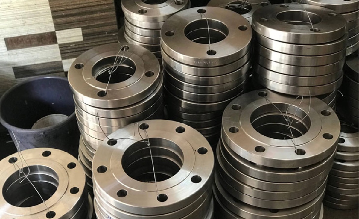 Slip on flanges wired in bundles and stacked at flange manufacturing works ready for despatch