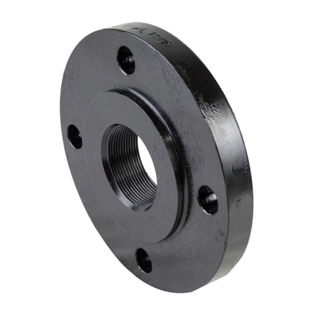 Black coated threaded companion flange with four bolt holes and NPT centre threads