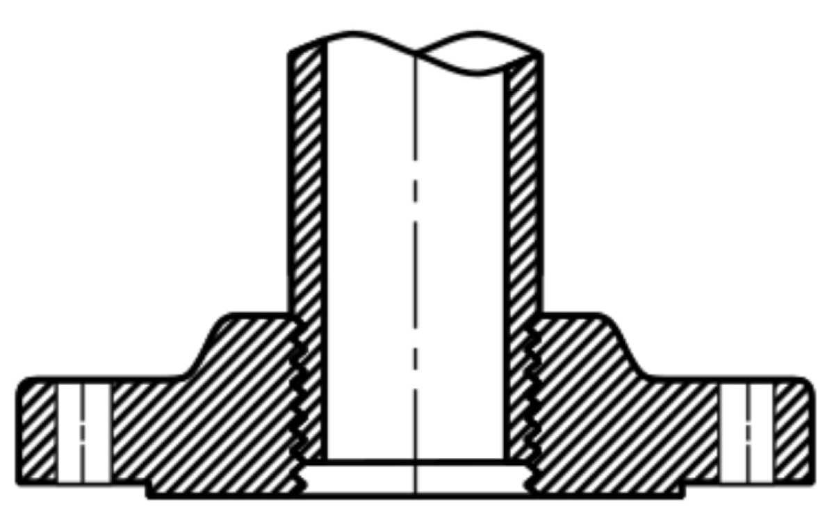 Cross section drawing of a threaded companion flange screwed onto tapered pipe threads