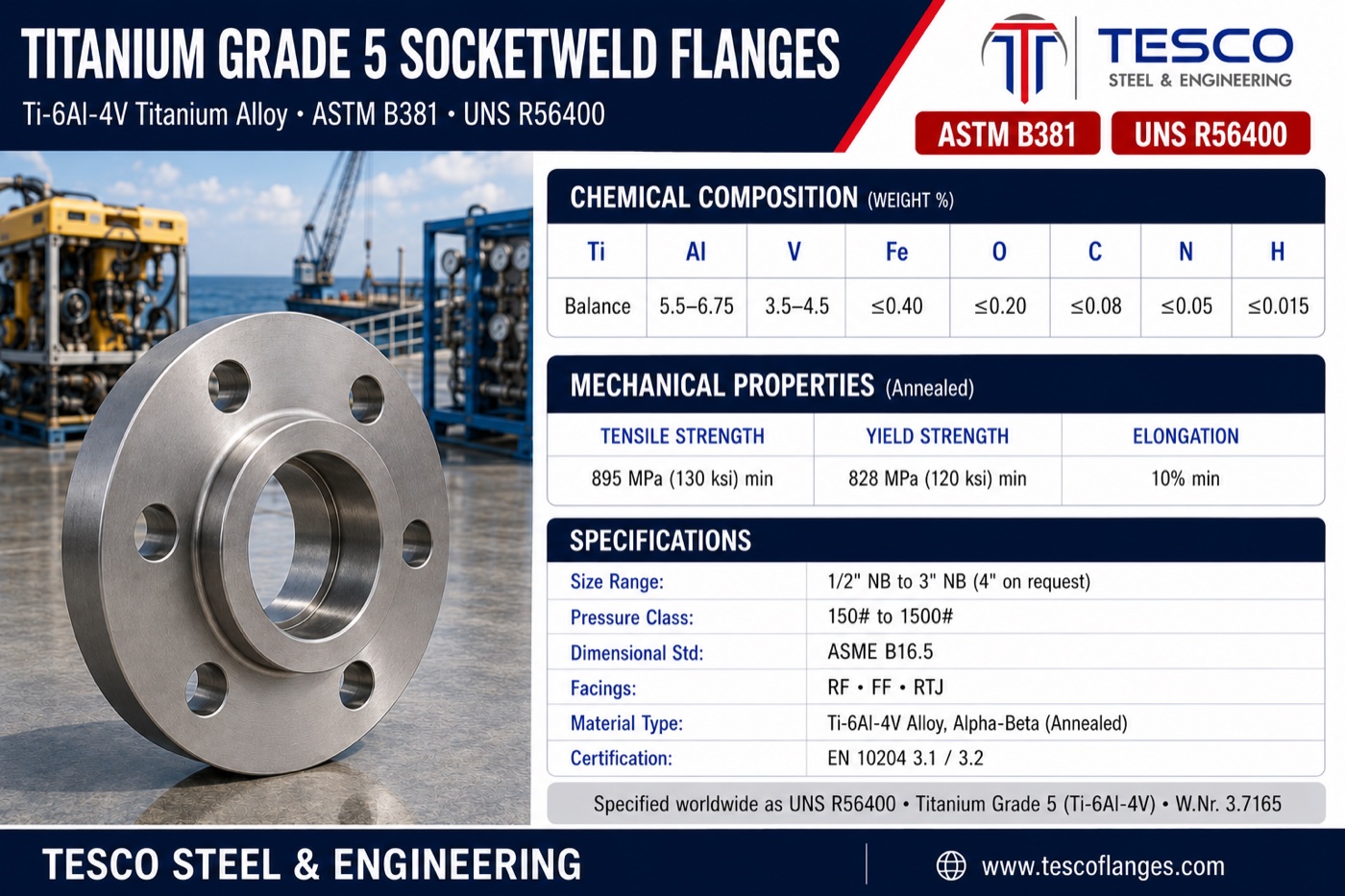 Titanium Grade 5 socket weld flange specifications infographic — ASTM B381 R56400 Ti-6Al-4V chemistry, 895/828 MPa mechanical properties, ASME B16.5 socket weld sizes