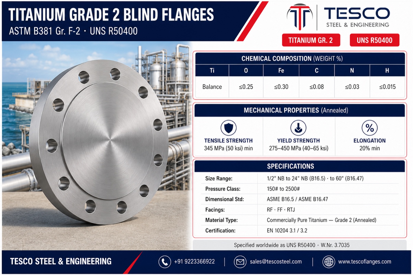 Titanium Grade 2 blind flange specifications infographic — UNS R50400 interstitial chemistry, annealed mechanical properties with 275-450 MPa yield range, ASME B16.5 sizes