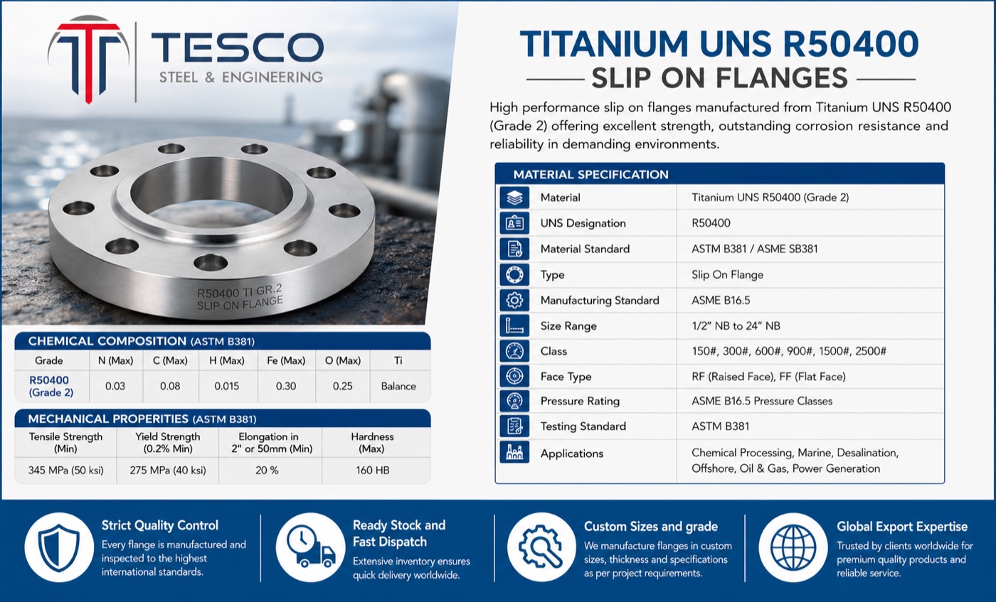 Titanium UNS R50400 Grade 2 slip on flange with ASTM B381 material specifications, chemical composition and mechanical properties — Tesco Steel & Engineering India