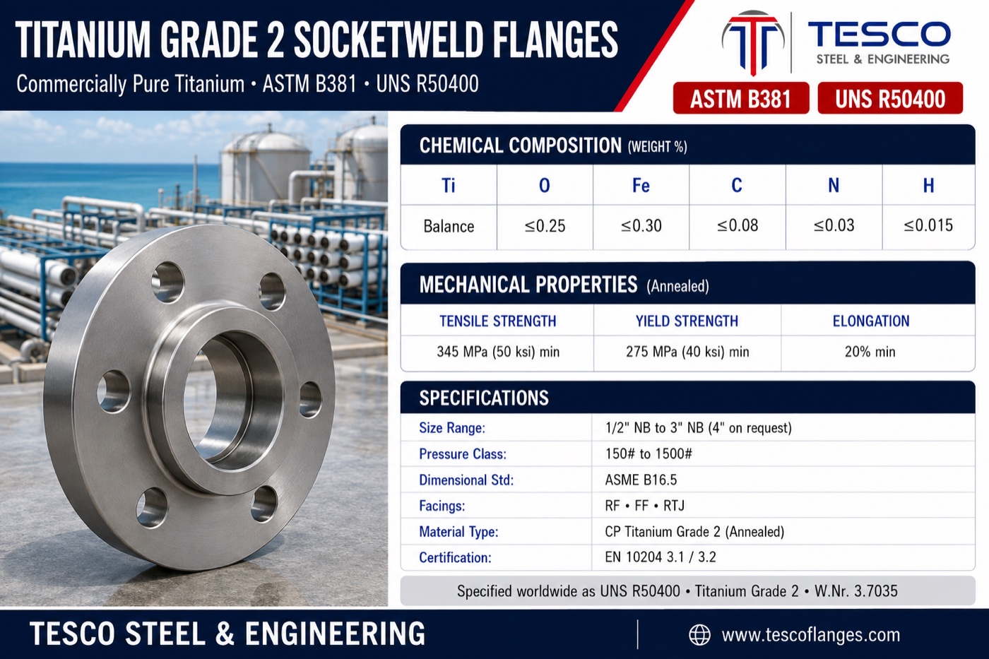 Titanium Grade 2 socket weld flange specifications infographic — ASTM B381 R50400 commercially pure titanium chemistry, 345/275 MPa mechanical properties, ASME B16.5 socket weld sizes