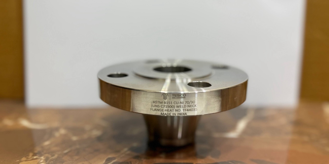 ASTM B151 Cu-Ni 70/30 UNS C71500 weld neck flange laser marked with heat number TF44035, manufactured by Tesco India