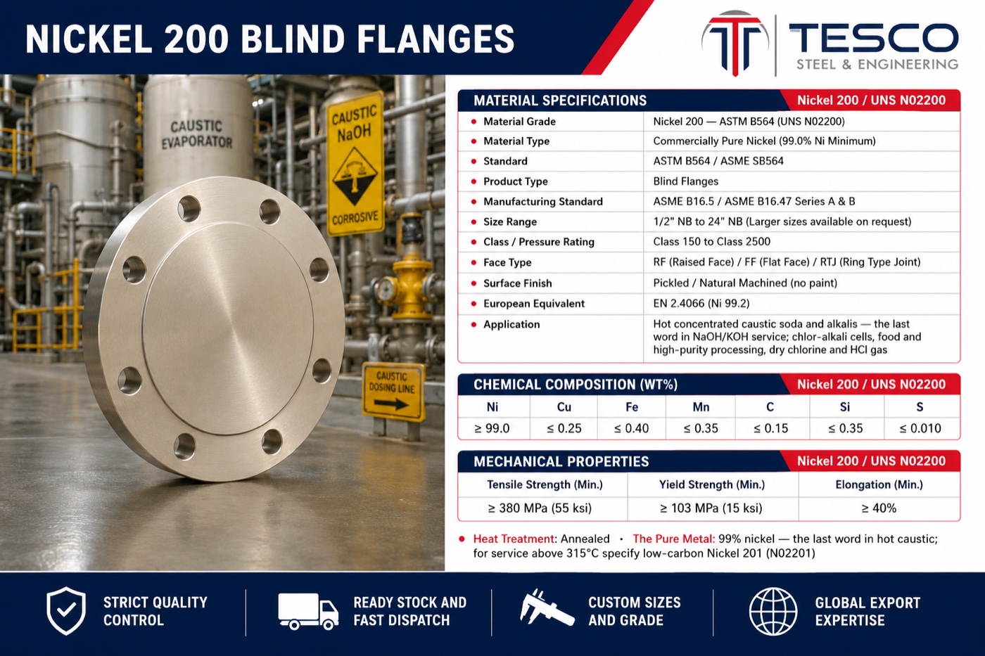 Nickel 200 blind flange specifications infographic — UNS N02200 pure nickel chemistry, mechanical properties, ASME B16.5 sizes