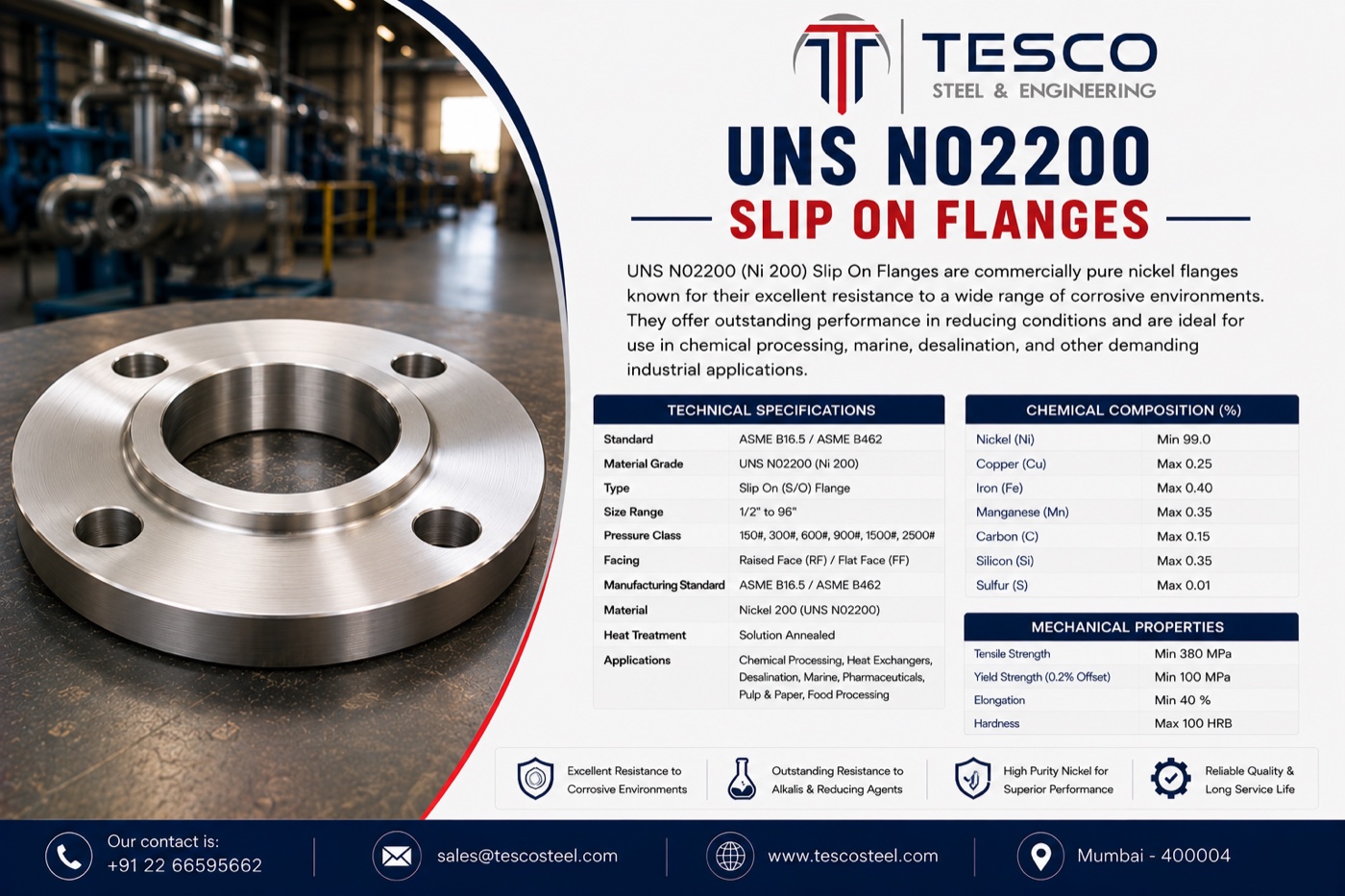 UNS N02200 Nickel 200 slip on flange with technical specifications, chemical composition and mechanical properties — Tesco Steel & Engineering India