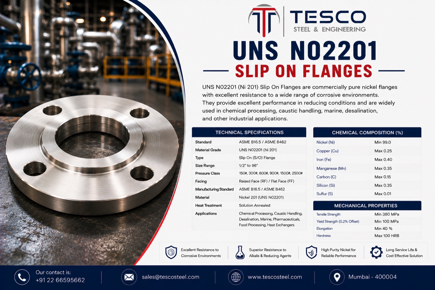 UNS N02201 Nickel 201 slip on flange with technical specifications and product overview — Tesco Steel & Engineering India