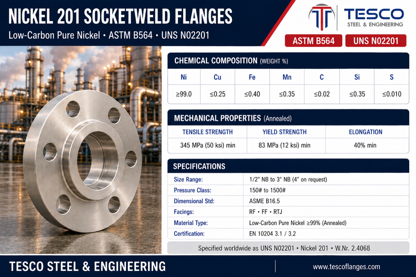 Nickel 201 socket weld flange specifications infographic — ASTM B564 N02201 low-carbon pure nickel chemistry, 345/83 MPa mechanical properties, ASME B16.5 socket weld sizes