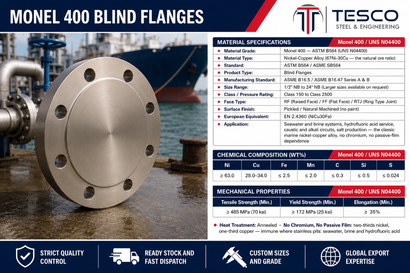 Monel 400 blind flange specifications infographic — UNS N04400 nickel-copper chemistry, mechanical properties, ASME B16.5 sizes