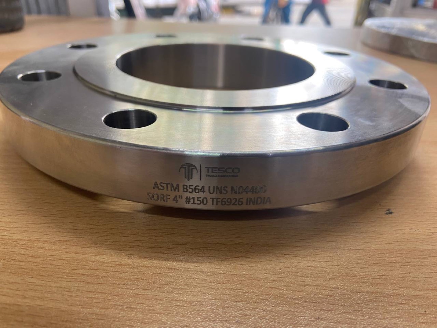 Monel 400 slip on flange laser-marked ASTM B564 UNS N04400 SORF 4 inch Class 150 with heat number — Tesco Steel & Engineering production, India