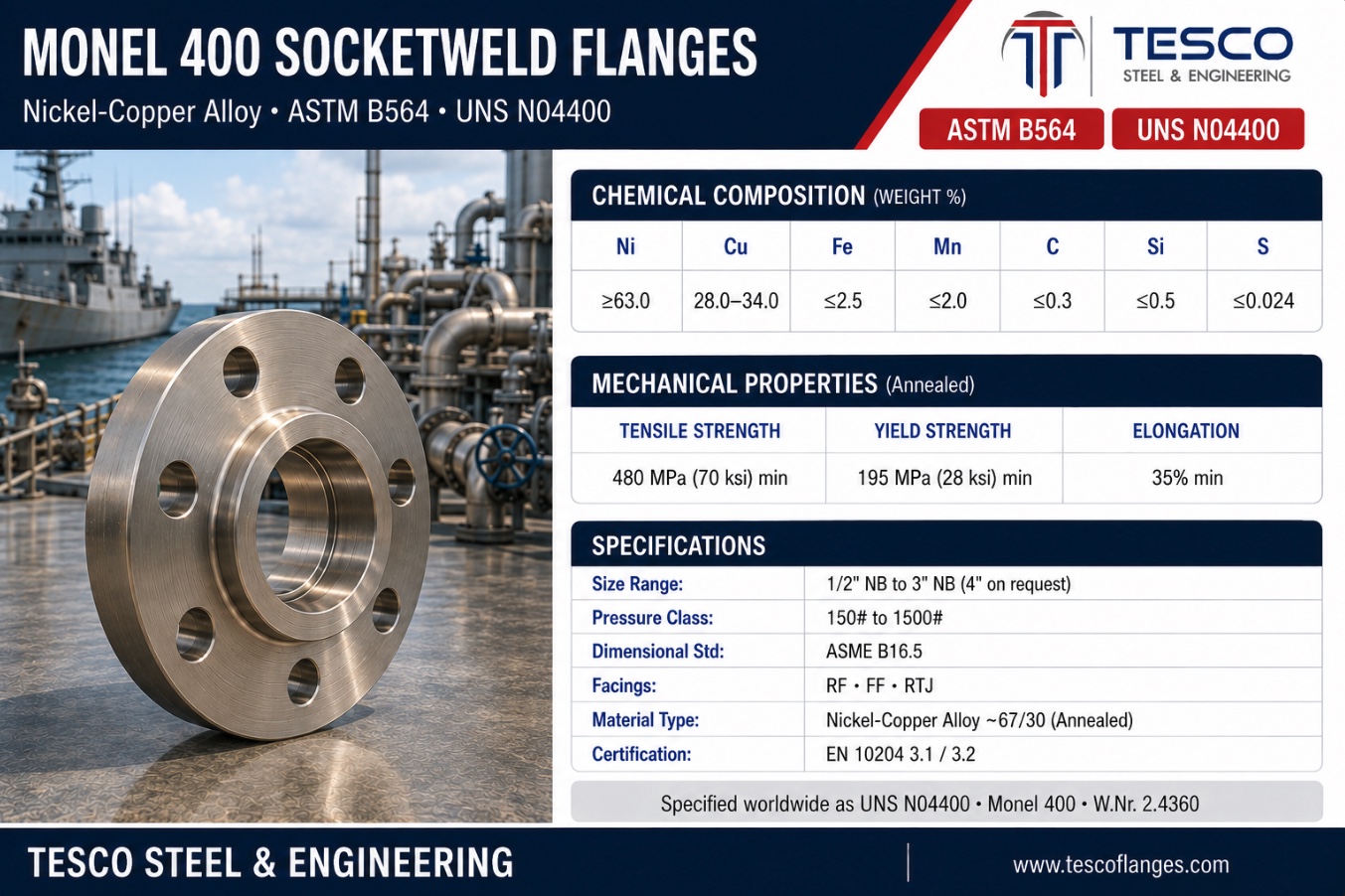 Monel 400 socket weld flange specifications infographic — ASTM B564 N04400 nickel-copper chemistry, 480/195 MPa mechanical properties, ASME B16.5 socket weld sizes