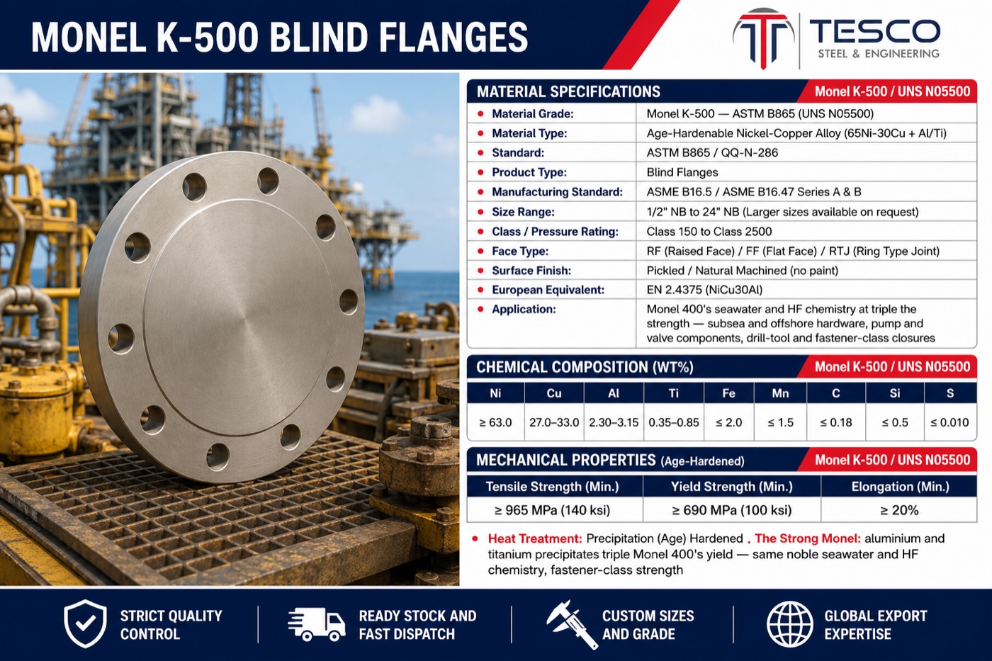 Monel K-500 blind flange specifications infographic — UNS N05500 nickel-copper-aluminium chemistry, age-hardened mechanical properties, ASME B16.5 sizes