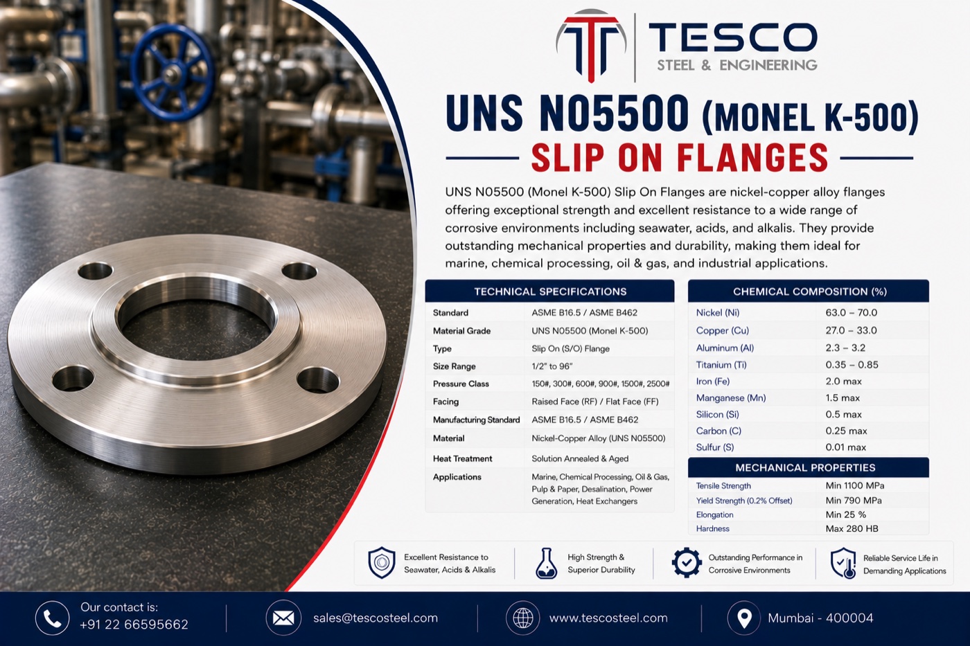 UNS N05500 Monel K-500 slip on flange with technical specifications, chemical composition and mechanical properties — Tesco Steel & Engineering India