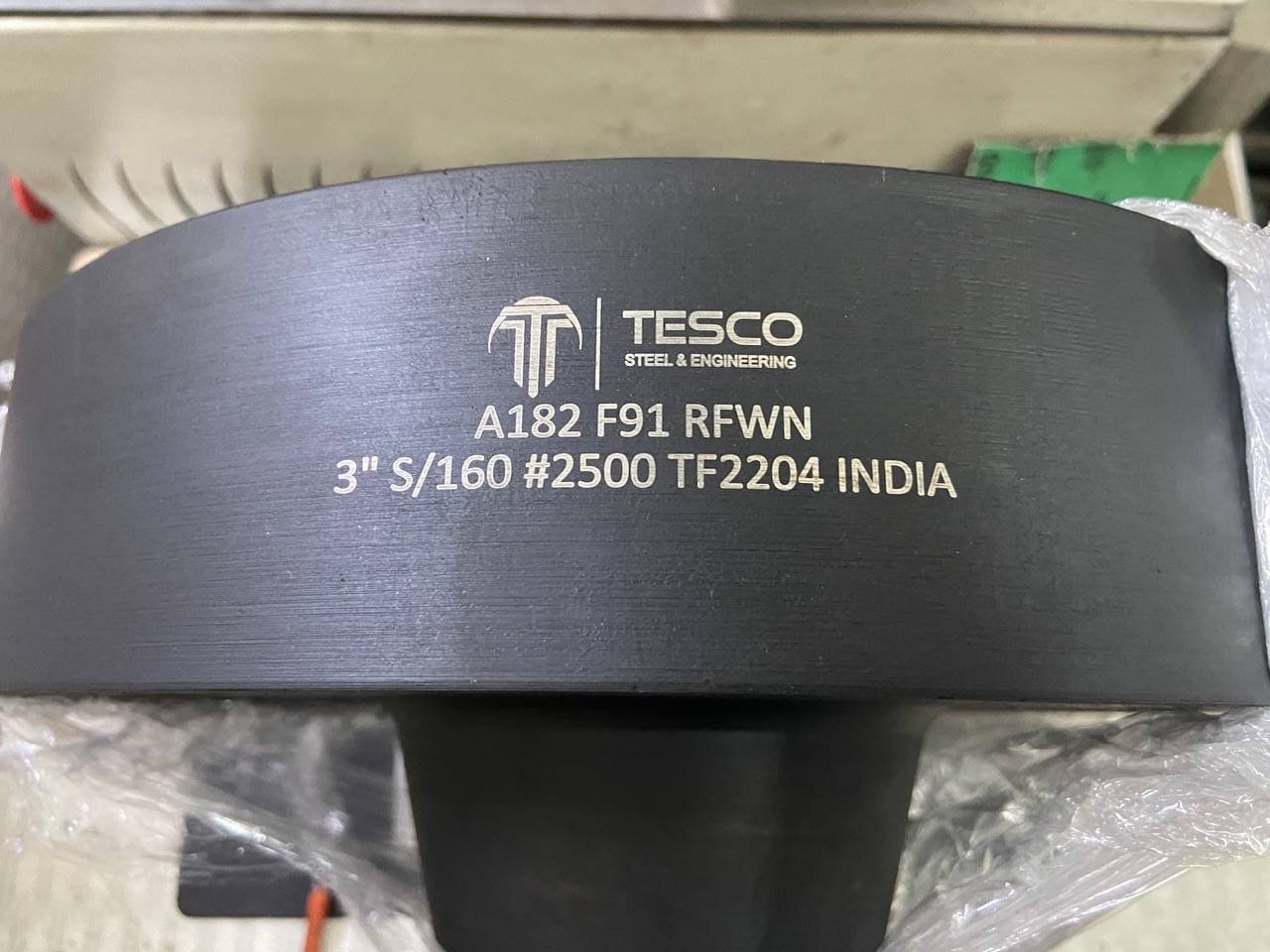 RFWN flange — alloy steel ASTM A182 F91 raised face weld neck flange, 3 inch Sch 160 Class 2500, laser-marked by Tesco Steel & Engineering